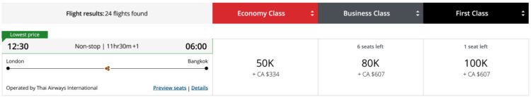 Aeroplan Praemienflug Thai Airways First Class London Bangkok