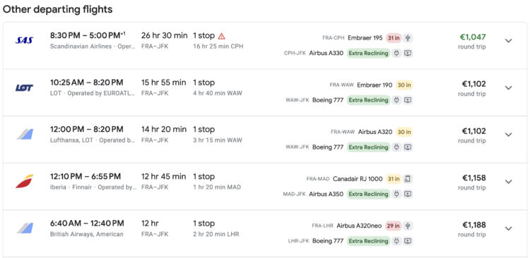 Legroom Plus Google Flights Ergebnisliste