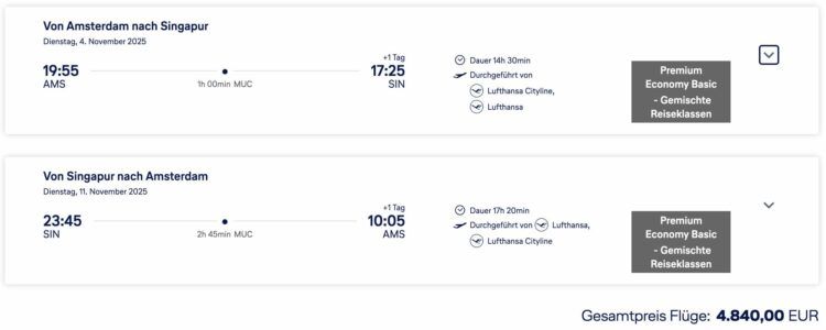 Lufthansa Bestpreissuche Beispielbuchung Amsterdam Singapur Nov 2025