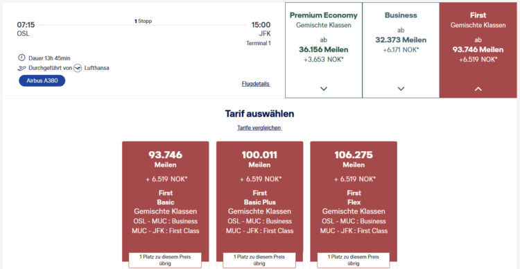 Miles And More Praemienflug Lufthansa First Class Oslo Muenchen New York