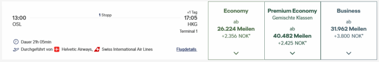 Miles And More Praemienflug Swiss Business Class Oslo Zuerich Hongkong