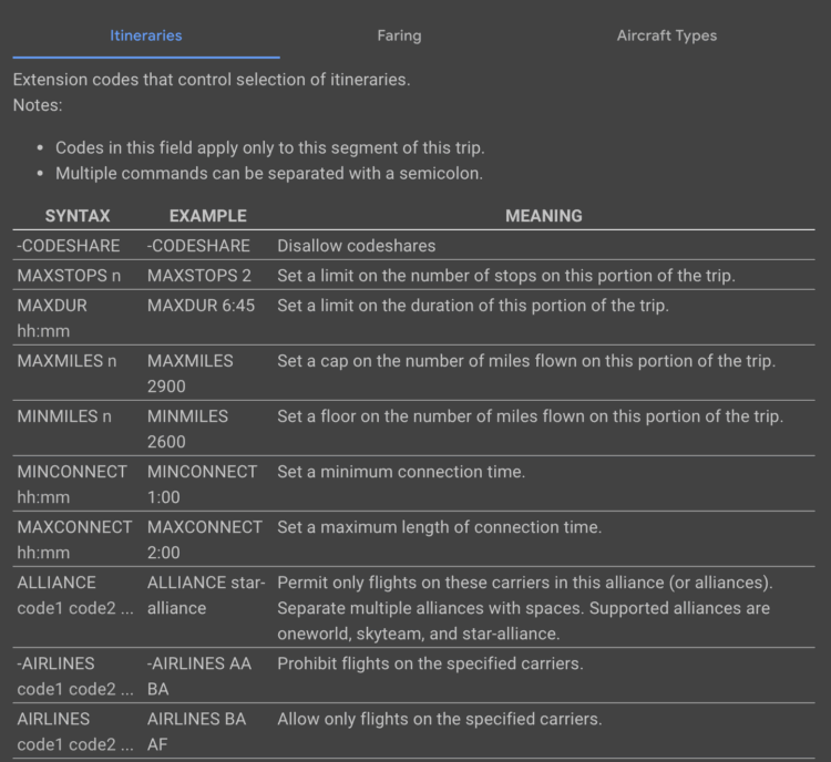 Advanced Controls Extension Codes – Itineraries