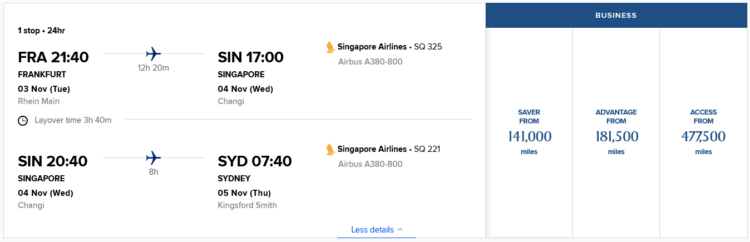 Krisflyer Praemienflug Singapore Business Class Frankfurt Singapur Sydney