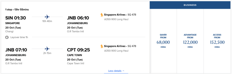 Krisflyer Praemienflug Singapore Business Class Singapur Johannesburg Kapstadt