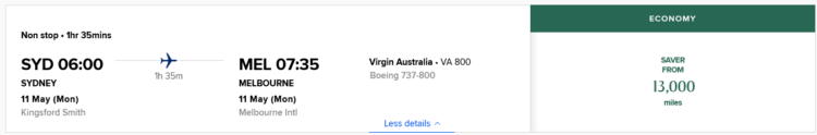 Krisflyer Praemienflug Virgin Australia Economy Class Sydney Melbourne