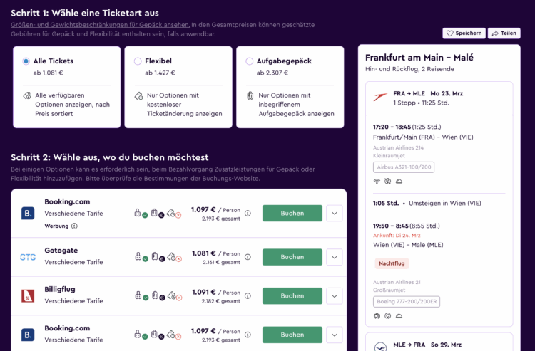 Ticket und Buchungsoptionen