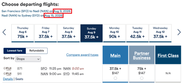 Atmos Rewards Praemienflug Fiji Airways Business Clas San Francisco Nadi Sydney