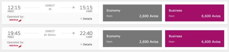 Iberia Club Business Class Madrid Hamburg Avios Preis November 2025