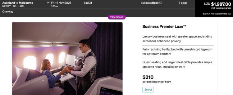 Air New Zealand Testbuchung Business Premier Luxe Auckland Melbourne