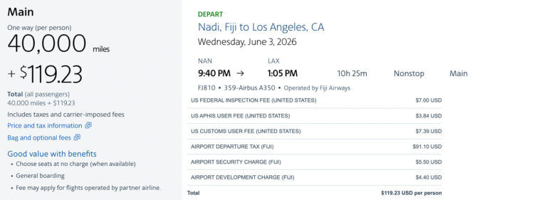 American Air Aadvantage Economy Class Fiji Losangeles Beispiel Flugsteuern April 2026