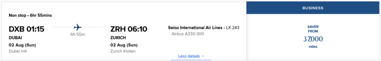 Krisflyer Praemienflug Swiss Business Class Dubai Zuerich