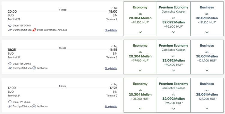 Miles And More Praemienbuchung Lufthansa Swiss Business Class Budapest Singapur Dezember 2025