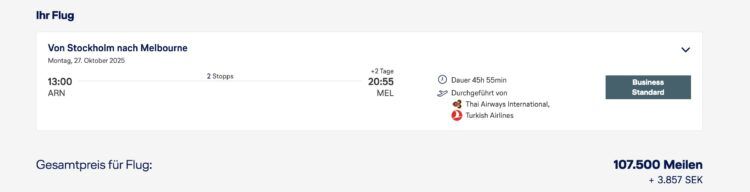 Miles And More Praemienbuchung Thai Airways Turkish Airlines Business Class Stockholm Melbourne Oktober 2025