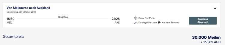 Miles And More Praemienflug Buchung Air New Zealand Business Class Melbourne Auckland Oktober 2025