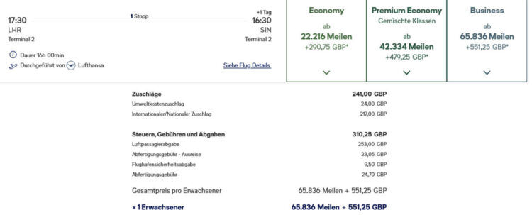 Miles And More Swiss Business Class London Singapur Beispiel Flugsteuern 2026
