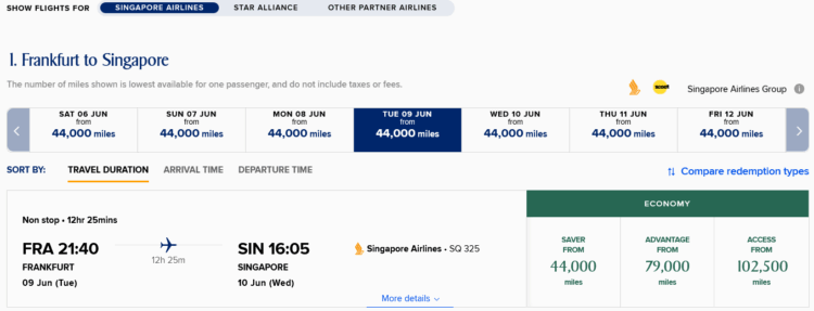 Singapore Airlines Krisflyer Kalendersuche Wochenuebersicht