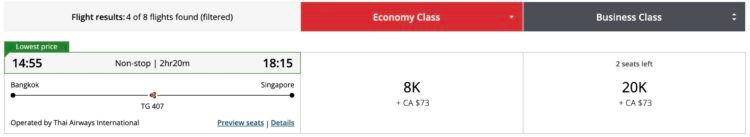 Air Canada Aeroplan Praemienflug Thai Airways Business Class Bangkok Singapur