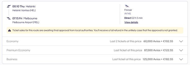 Finnair Plus Praemienbuchung Finnair Business Class Helsinki Bangkok Melbourne Oktober 2026