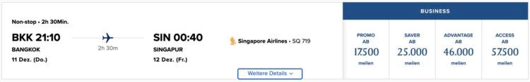 Krisflyer Praemienflug Singapore Airlines Business Class Bangkok Singapur