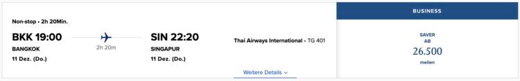 Krisflyer Praemienflug Thai Airways Business Class Bangkok Singapur