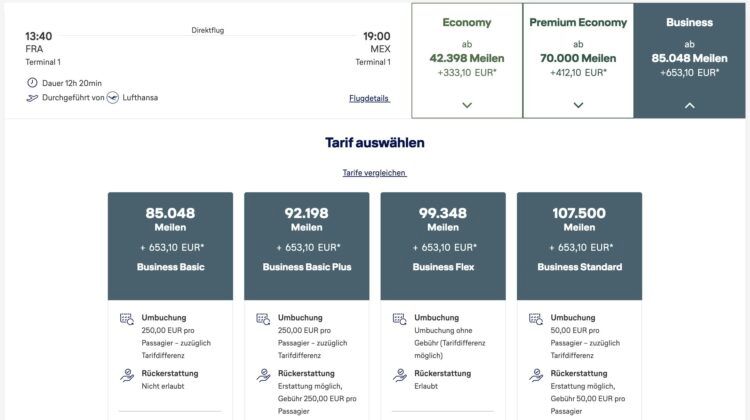 Miles And More Praemienflug Beispiel Business Class Frankfurt Mexico City Tarife
