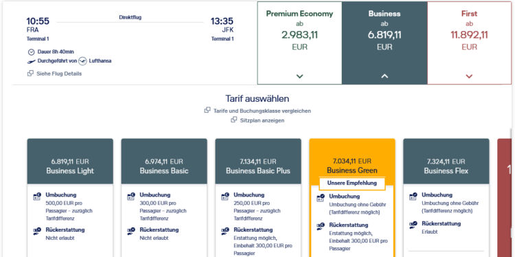 Lufthansa Business Light Tarif Frankfurt New York