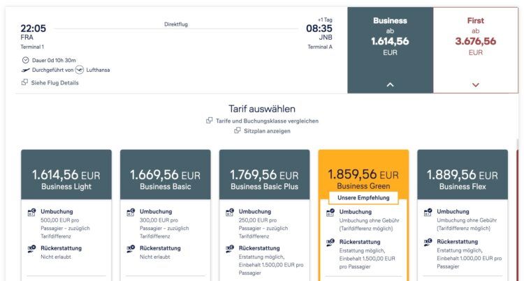 Buchung Lufthansa Business Class Frankfurt Johannesburg Vergleich Flex Tarif