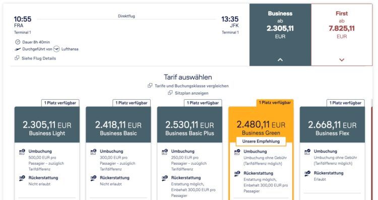 Buchung Lufthansa Business Class Frankfurt New York Vergleich Flex Tarif 2