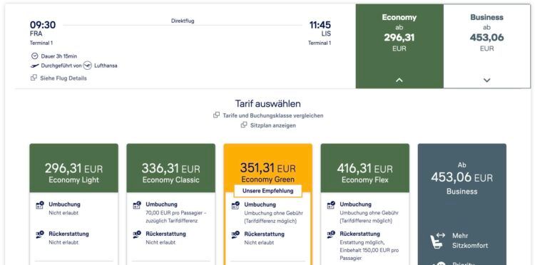 Buchung Lufthansa Economy Class Frankfurt Lissabon Vergleich Flex Tarif