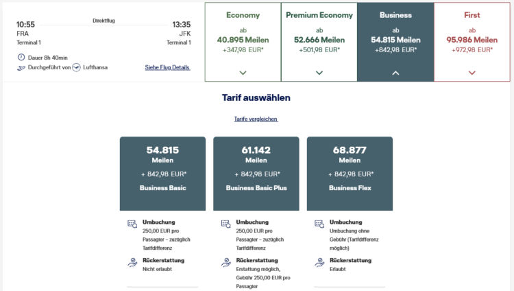 Miles And More Praemienflug Lufthansa Business Class Frankfurt New York Tarifoptionen