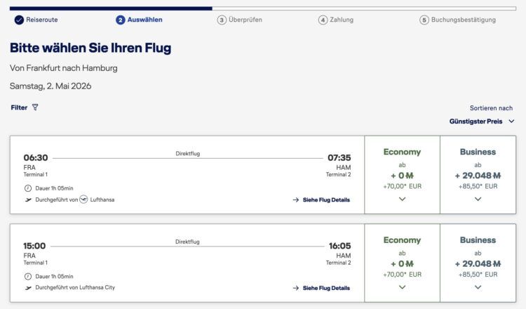 Miles And More Praemienflug Lufthansa Economy Classic Tarif Frankfurt Hamburg Umbuchen Auswahl