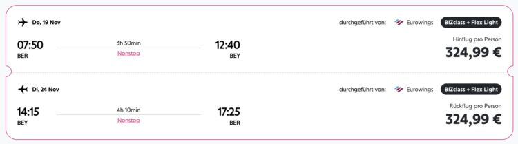 Eurowings Bizclass Berlin Beirut November 2026