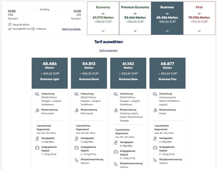 Miles And More Praemienflug Lufthansa Business Class Frankfurt New York Tarife