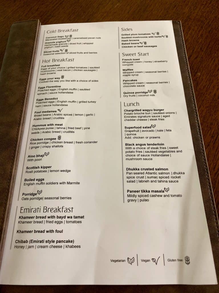 Emirates First Class Lounge Dubai Concourse B Restaurant Menue