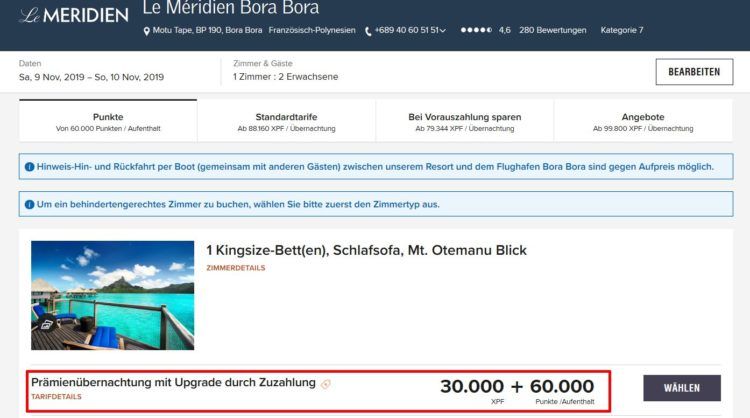 Le Méridien Bora Bora Upgrade Zuzahlung